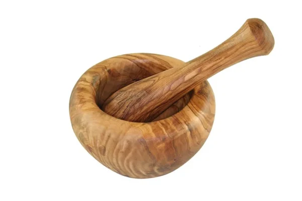 Round ground mortar including pestle made of olive wood Ø 10 cm