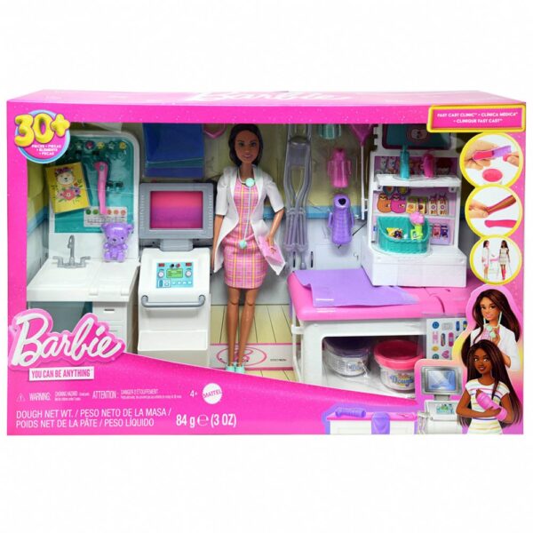 Mattel DDC Barbie Fast Cast Clinic Playset, Brunette Doctor Doll 12" 30+ Play Pieces, 4 Play Areas